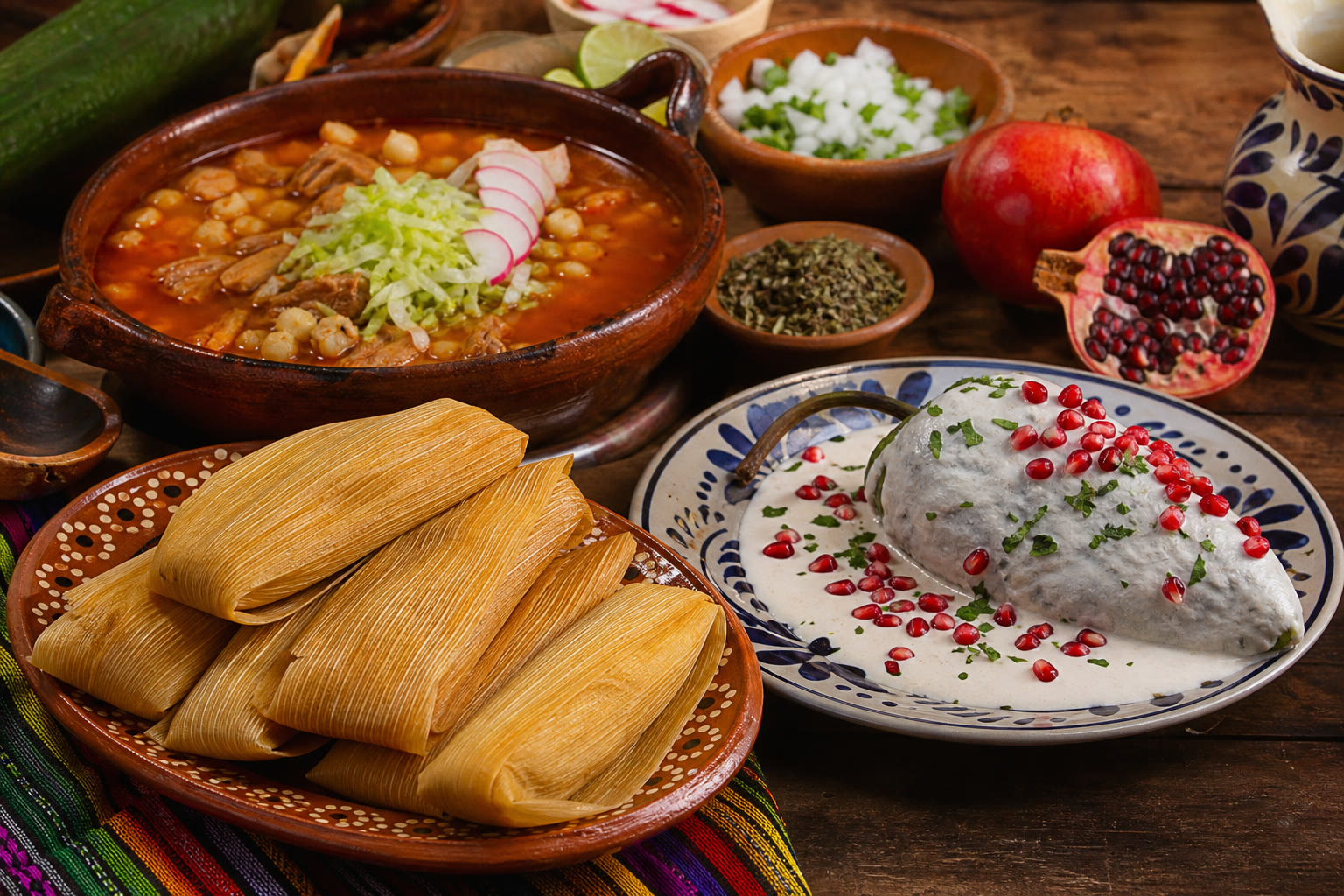 Tamales, pozole y chiles en nogada