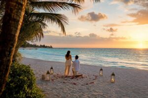 Marriage proposal on a Cancún beach at sunset